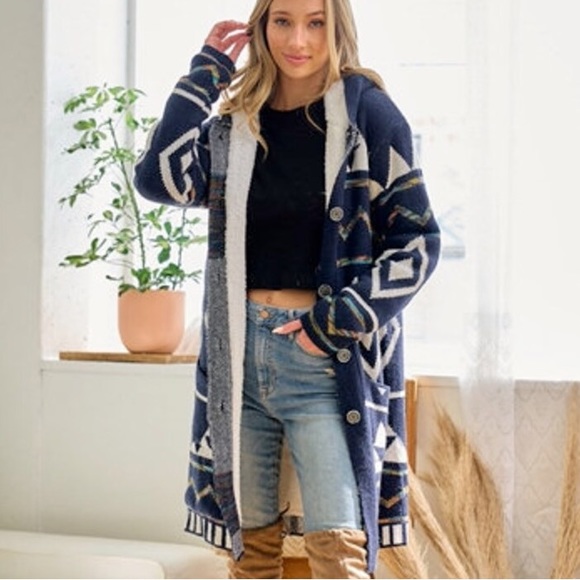 Navy Blue Aztec fringe Cardigan Sherpa Lined - Picture 2 of 5